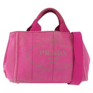 PRADA Canapa PM Hand Bag Canvas 2way Pink Gold Auth 144395
